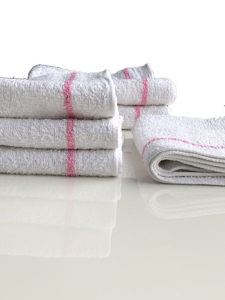 Salon Hand Towel 16x27" White with 2 Pink Stripes - Two Dozen (24 Pieces)